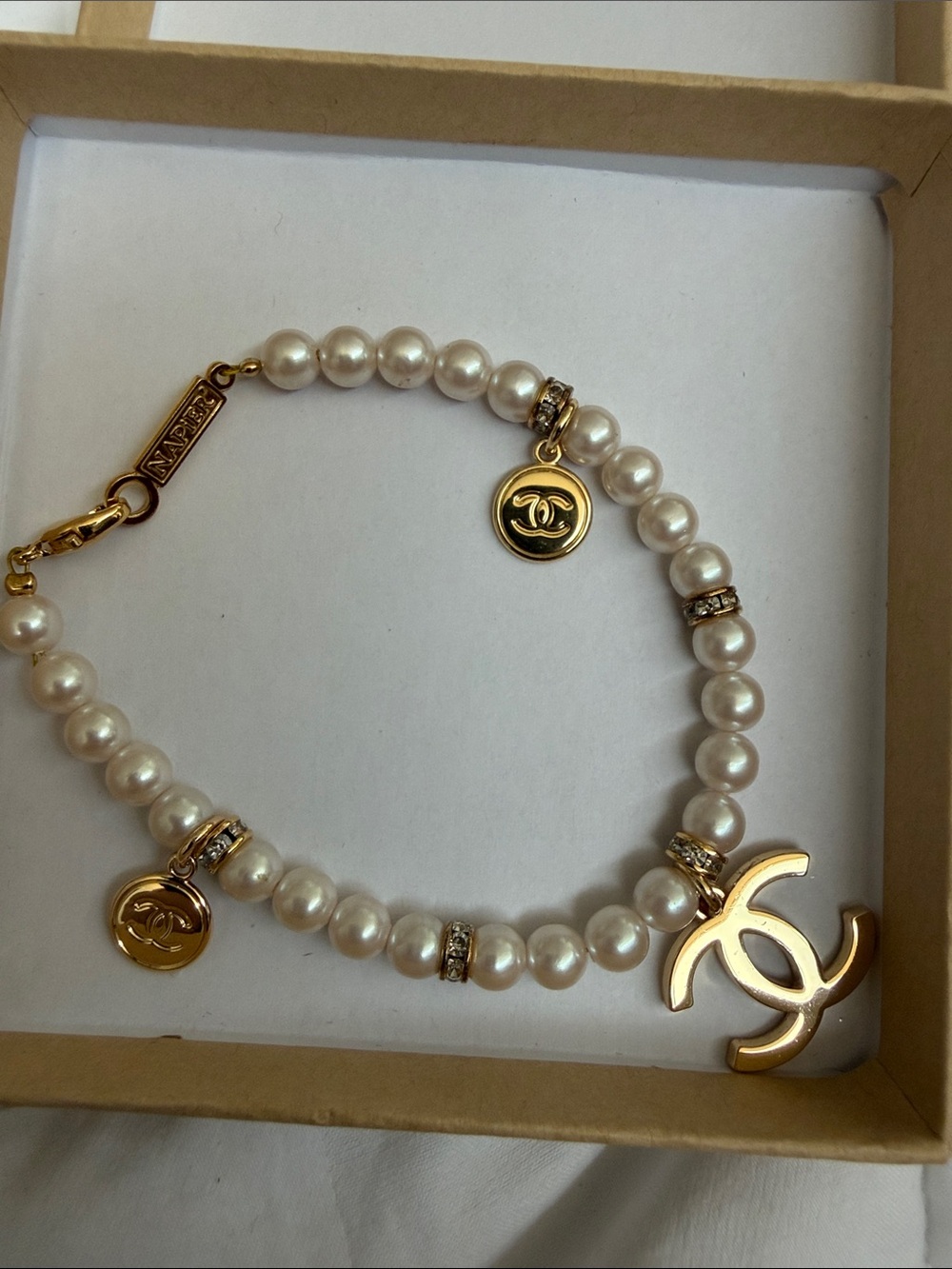 Napier White Faux Pearl Bracelet with Gold CC charms